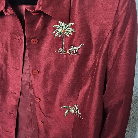 Silkland‎ Maroon Red Silk Blazer Womens 10 Embroidered Tropical Monkey - Picture 5 of 9